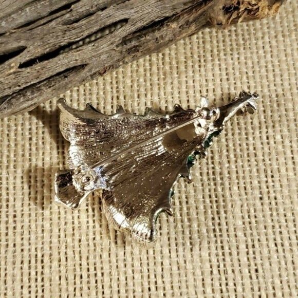 Red Green Silver Enamel and Rhinestone Christmas Holiday Tree Brooch Sweater Pin - Picture 5 of 6